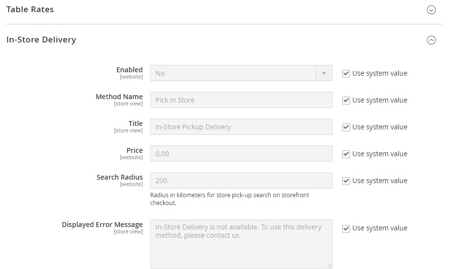 A screenshot or image illustrating the configuration steps for enabling In-Store Delivery in the Magento backend