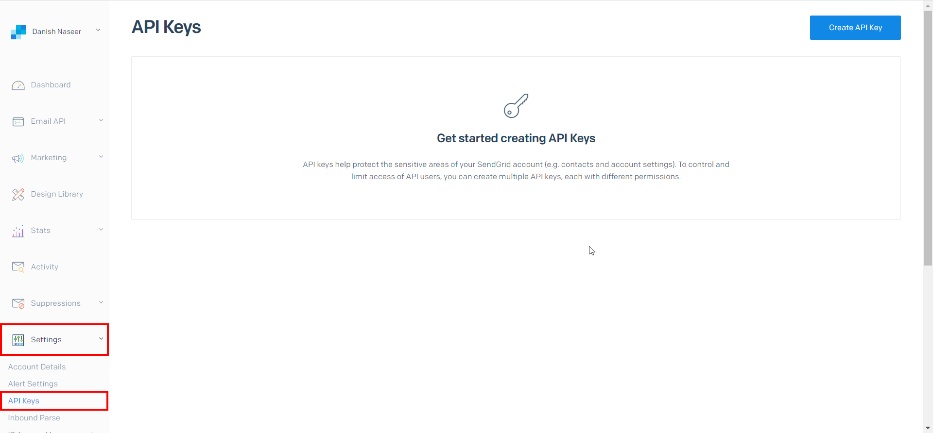 API Keys option in Sendgrid account