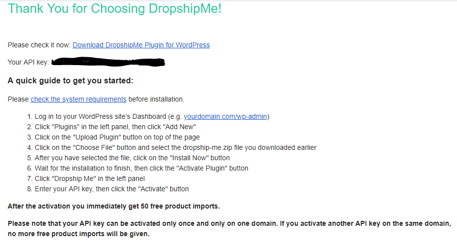 API key email for DropshipMe