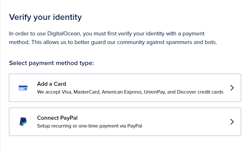 Add credit card number or connect your PayPal account to your DO account