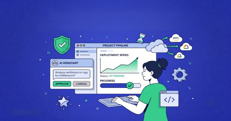 Person at a computer with a dashboard showing deployment speed, progress, and AI assistant panel, set against a blue background with cloud and AWS icons.