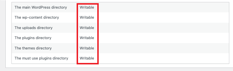 All folders should be listed as writable