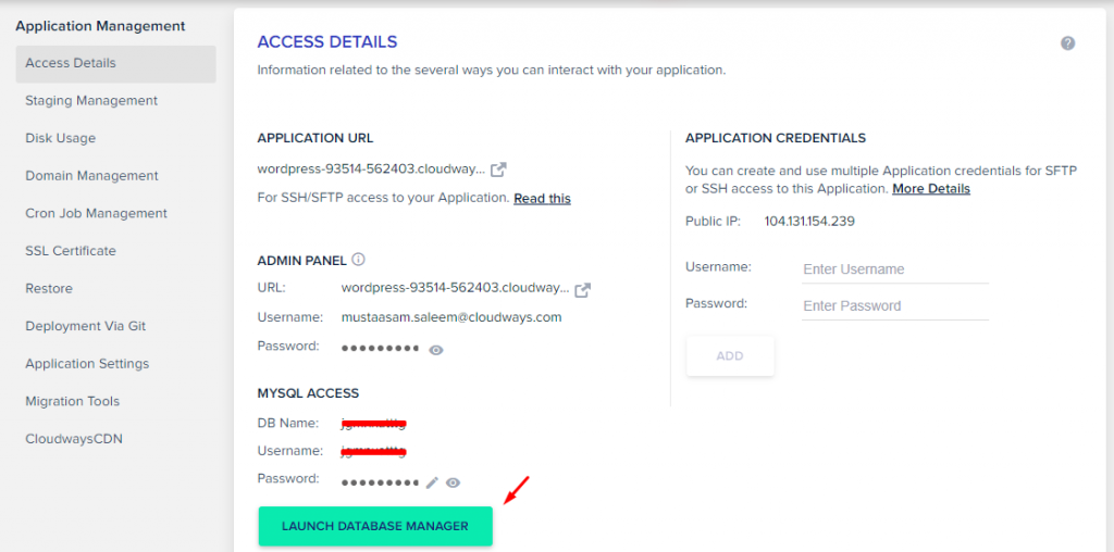 Application Access Details - Cloudways