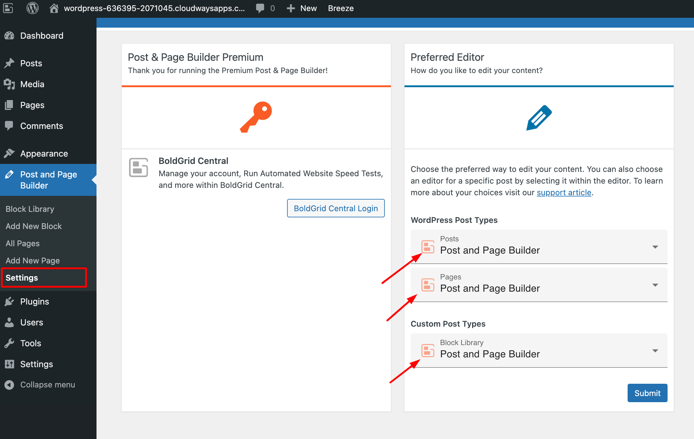 boldgrid page builder settings