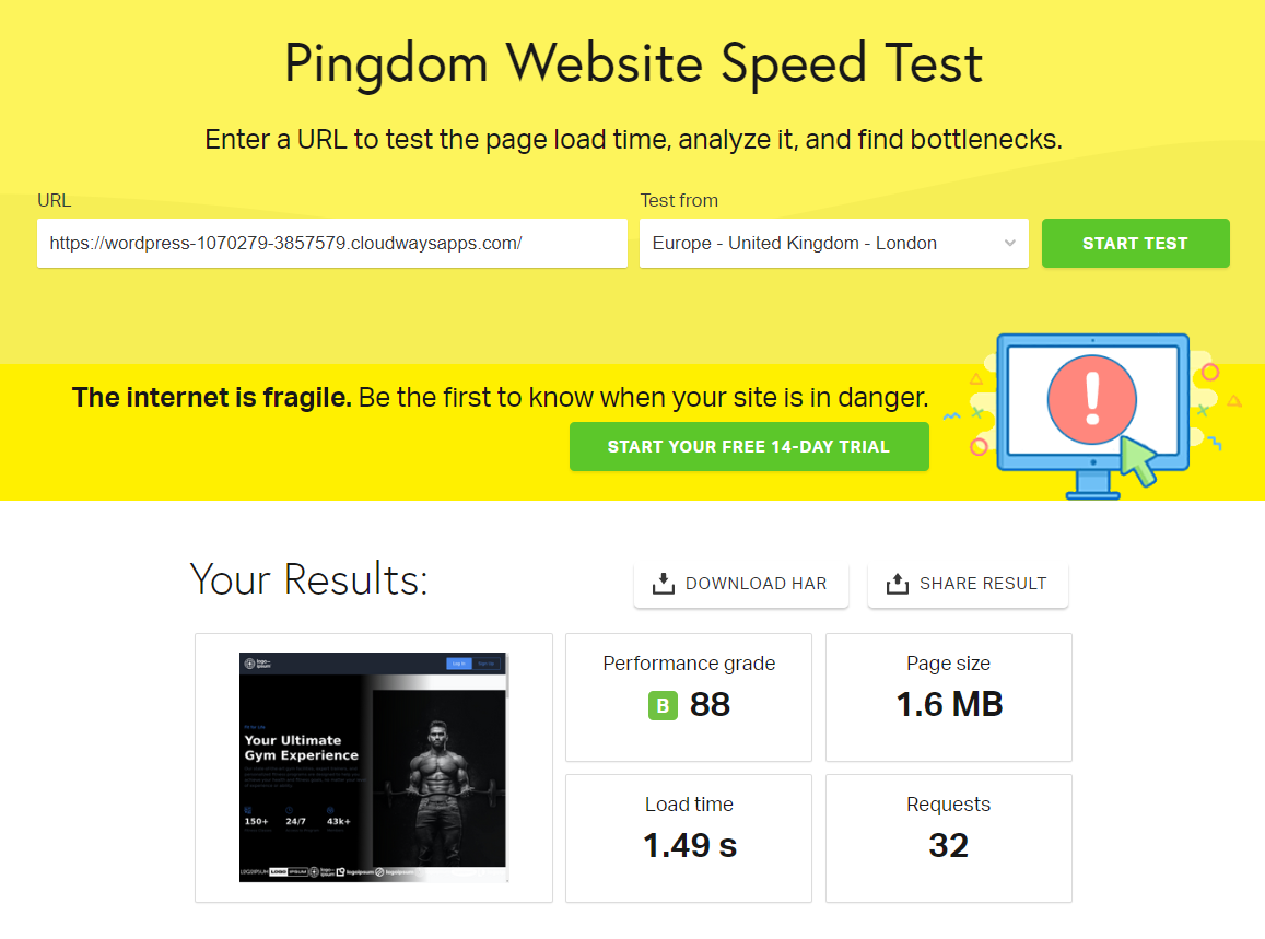 Breakdance Page Builder Performance on Pingdom test