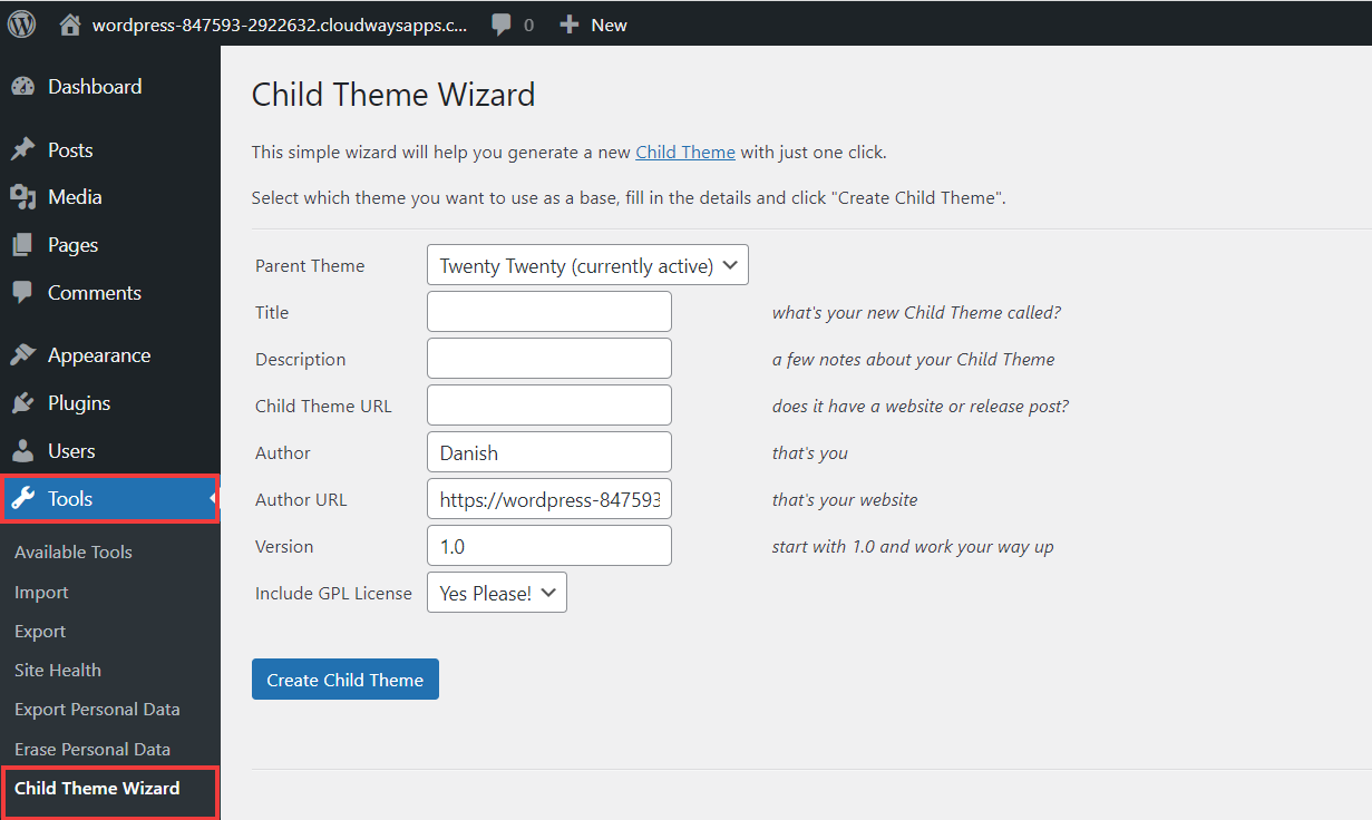 Child Theme Wizard option under tools
