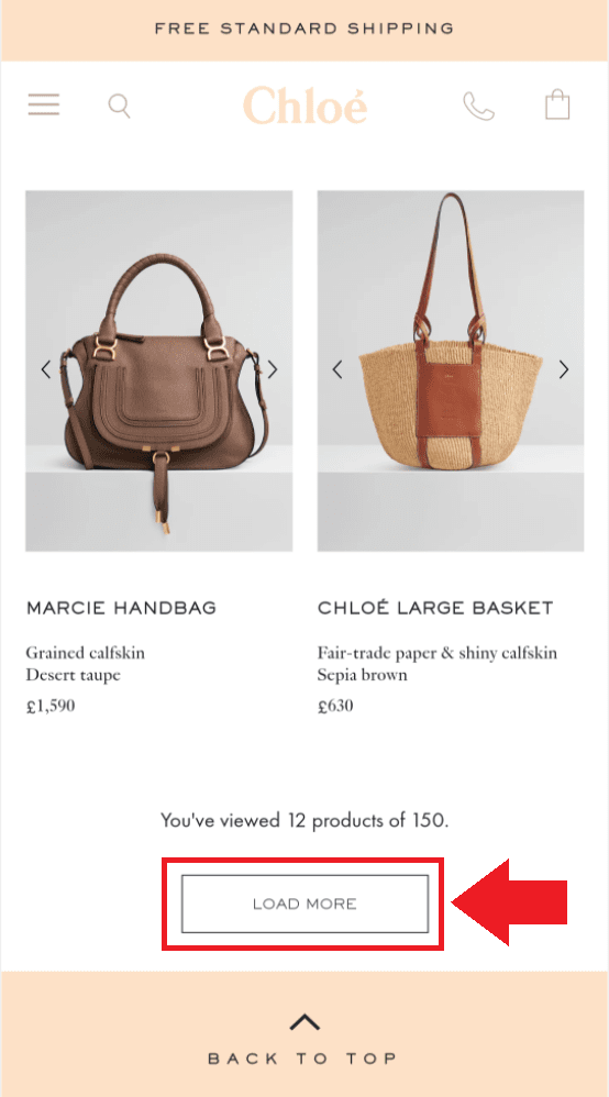 Chloé website's Load More feature dynamically loads additional content without causing unexpected layout shifts