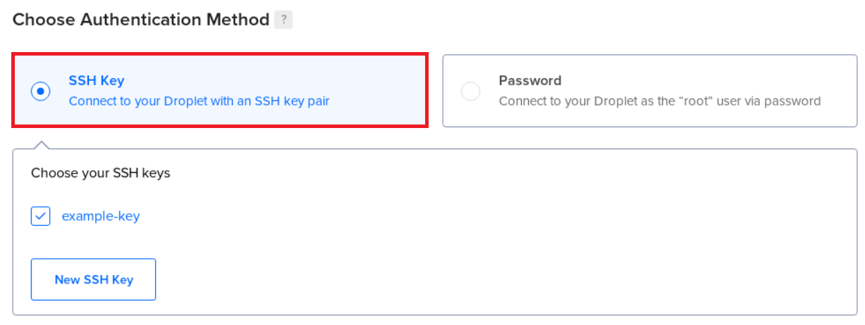 Choose Authentication Method section and click SSH Key option