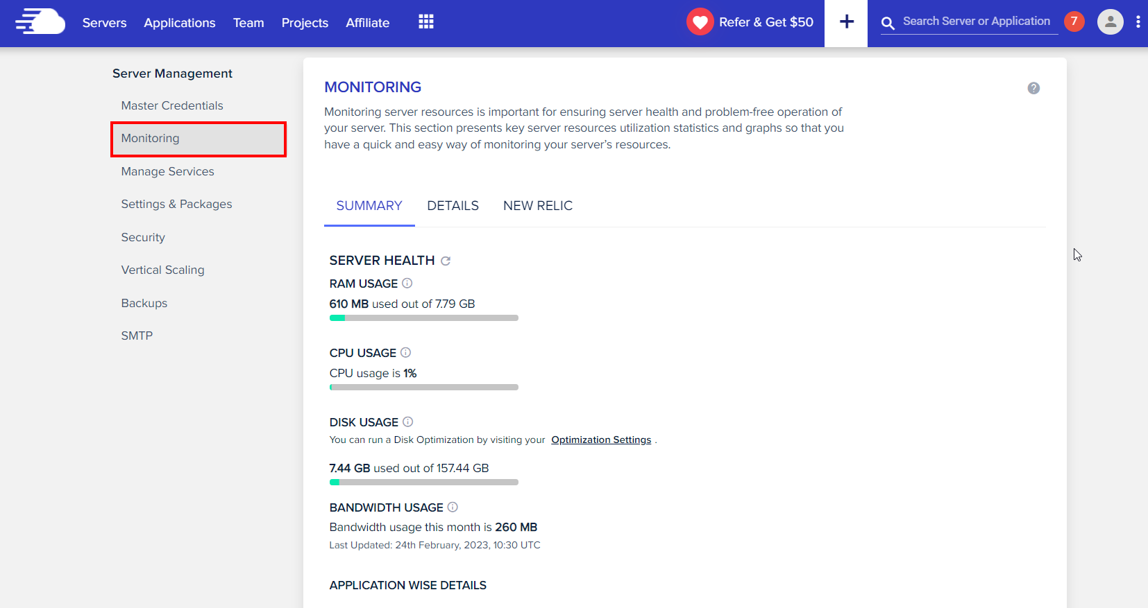Cloudways Server monitoring feature