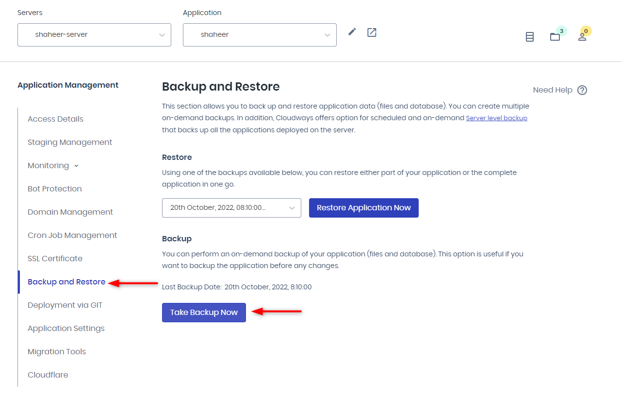 Cloudways enables easy configuration of backups at server or application levels