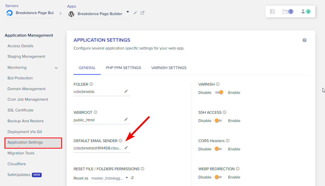 Configure the Default Email Sender in your application settings on Cloudways
