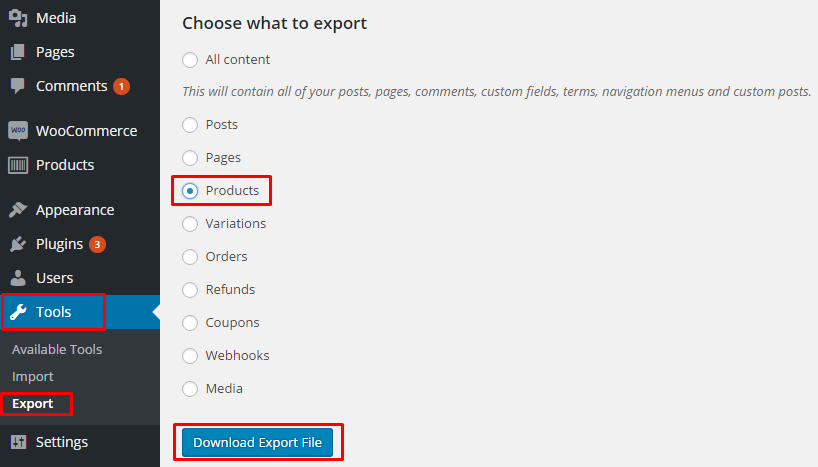 wordpress export