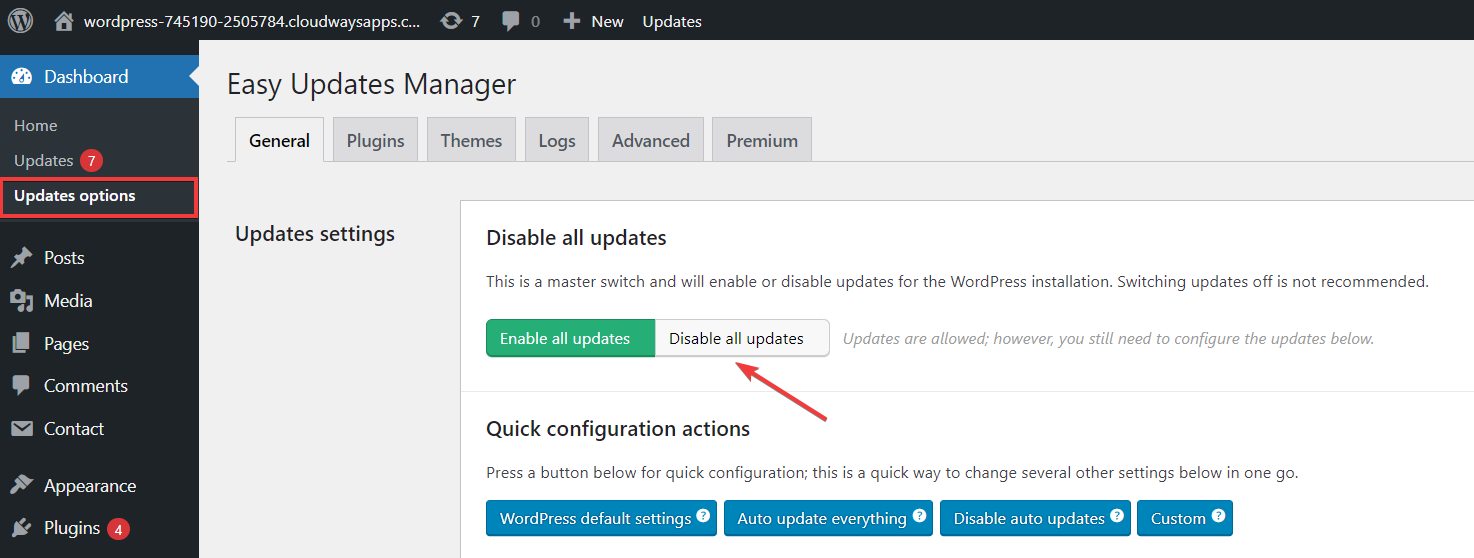 Disable All Updates from Easy Update Manager Plugin