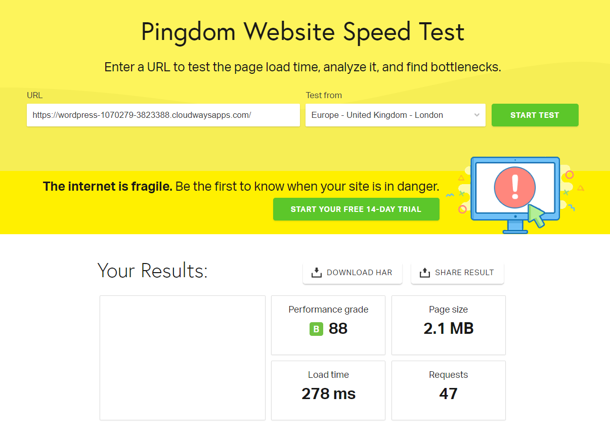 Elementor Page Builder Performance on Pingdom
