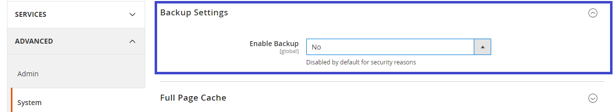 Enable option for Magento 2 backup