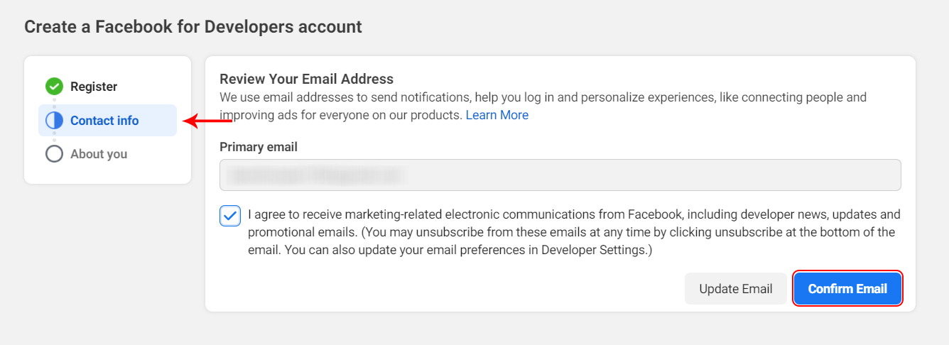 Facebook Developer Account contact info
