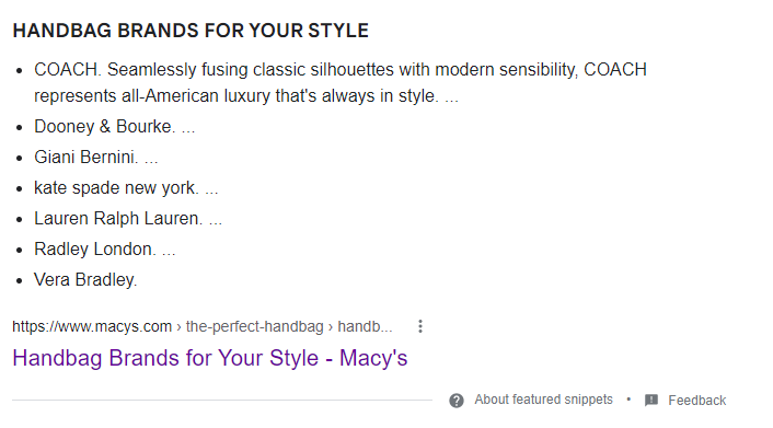 Featured snippet Macys - handbag brands