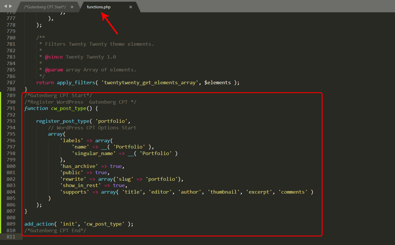 Function php file CPT code addition snippet 3