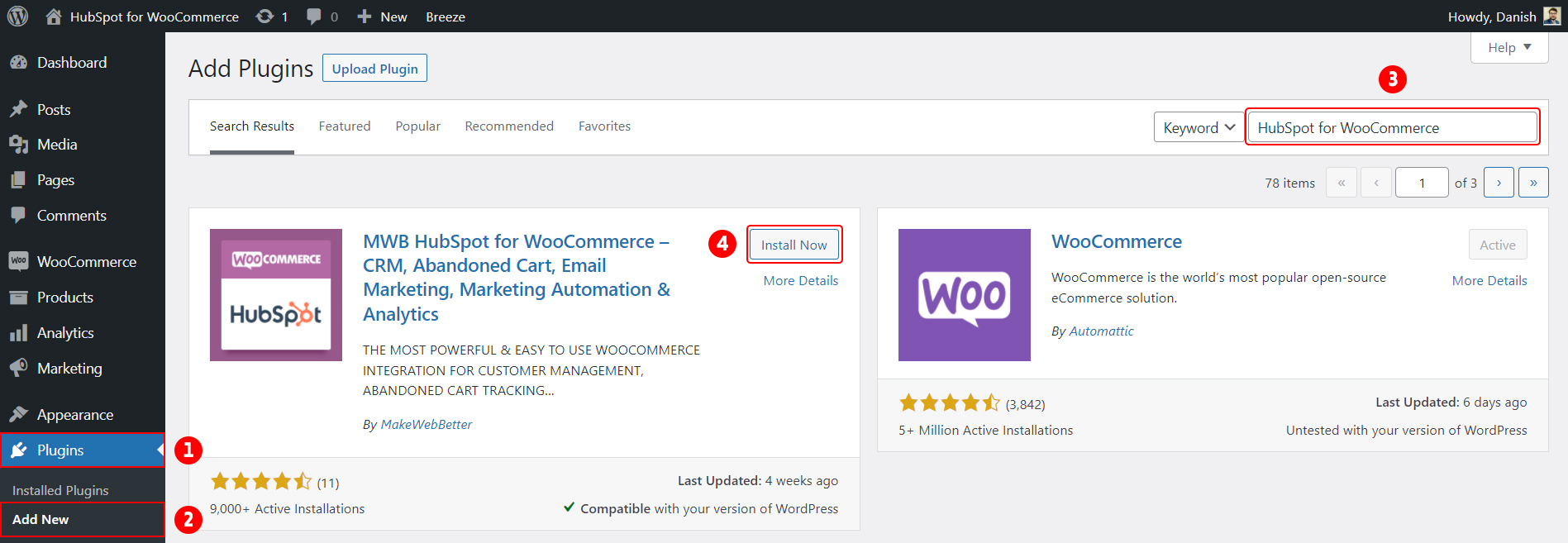 HubSpot for WooCommerce plugin installation