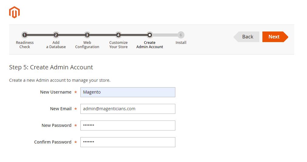 Input your preferred admin credentials for the Magento store