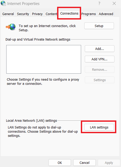LAN settings in the Internet Properties window