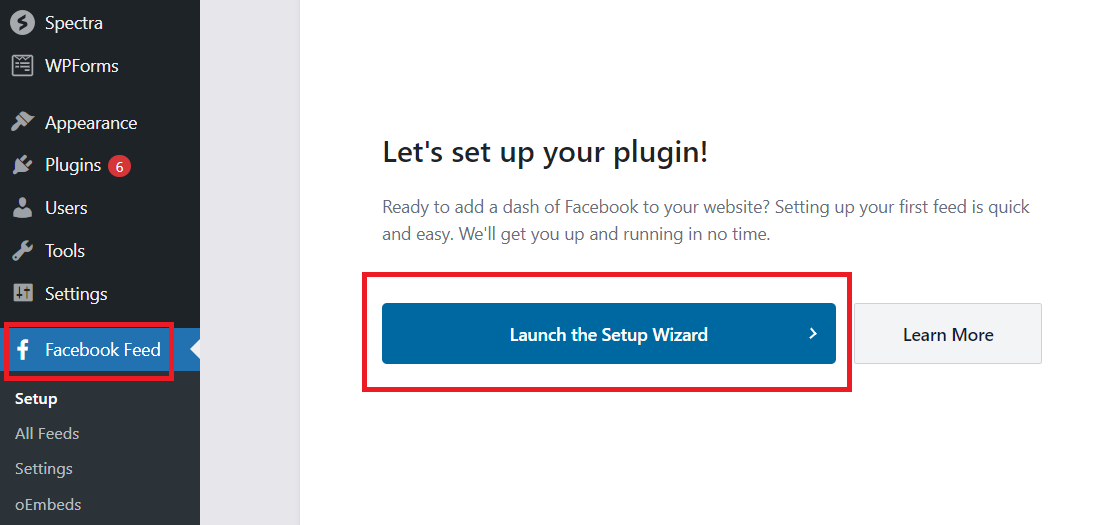Launch the Setup Wizard within the Facebook Feed plugin