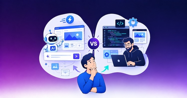 A man contemplates two paths: AI automation with a robot and UI on the left, and a coder at a laptop on the right, with a VS circle in between.