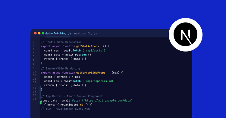 Dark code editor on a blue background showing JavaScript functions for staticProps, serverSideProps, and data fetching, with a white circular logo in the top-right.