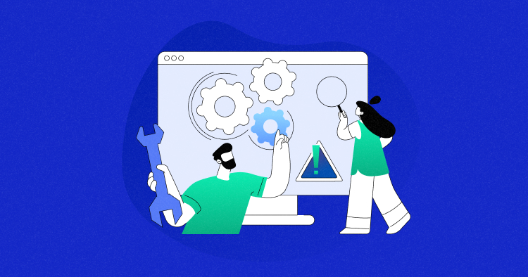 Two people troubleshoot a software UI with gears on a monitor; one holds a wrench, the other a magnifying glass and a warning symbol.