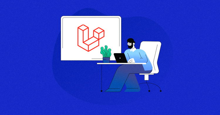 Laravel 13 banner showing a person working on a laptop with the Laravel logo visible.