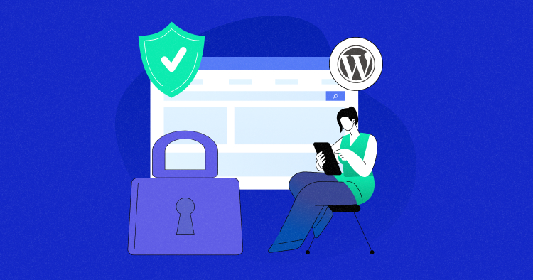 WordPress Security plugins represented by a padlock and WordPress logo on a computer screen.