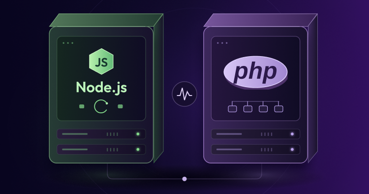 Two glowing server racks, left labeled Node.js in green and right labeled PHP in purple, connected by a network cable with a central signal icon.