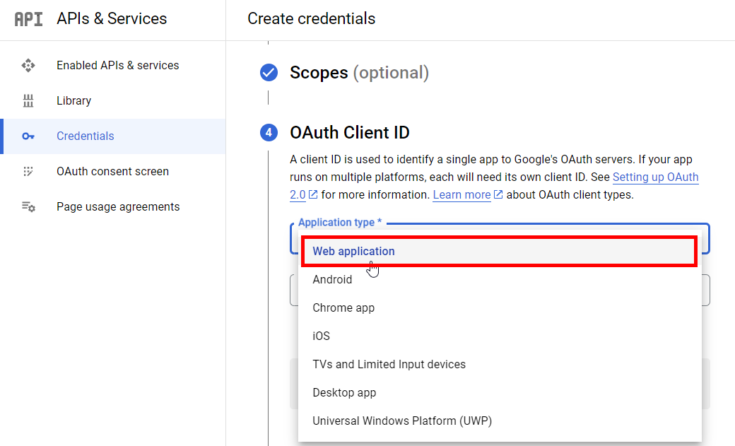 OAuth Client ID dropdown, select Web application.