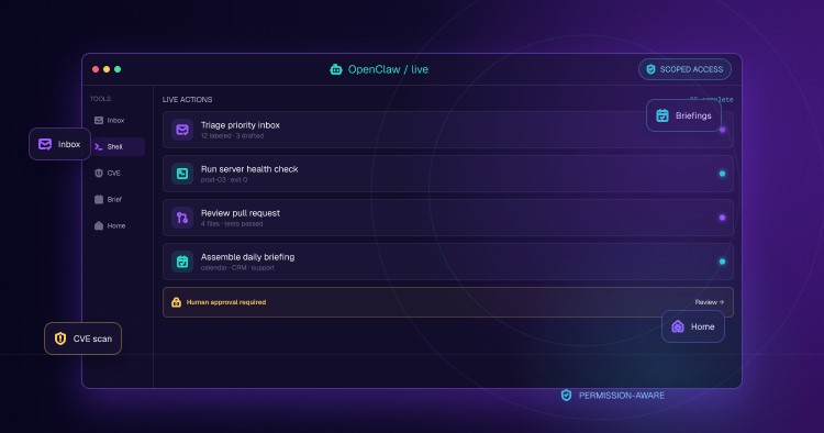 Screenshot of a dark purple OpenClaw live inbox UI showing a left sidebar with icons and a central task list: Triage priority inbox, Run server health check, Review pull request, Assemble daily briefing, plus a 'Home' button and 'CVE scan' badge.