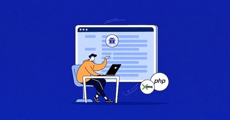 Person seated at a desk coding on a laptop with a large monitor displaying code; PHP and XAMPP icons float nearby.