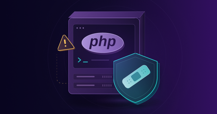 PHP development server box with a security shield and patch icon, plus a warning sign, signaling PHP security and protection.