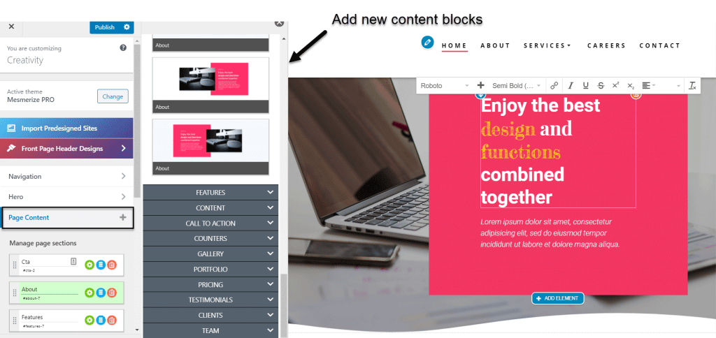 Mesmerize theme Pre Designed content Blocks