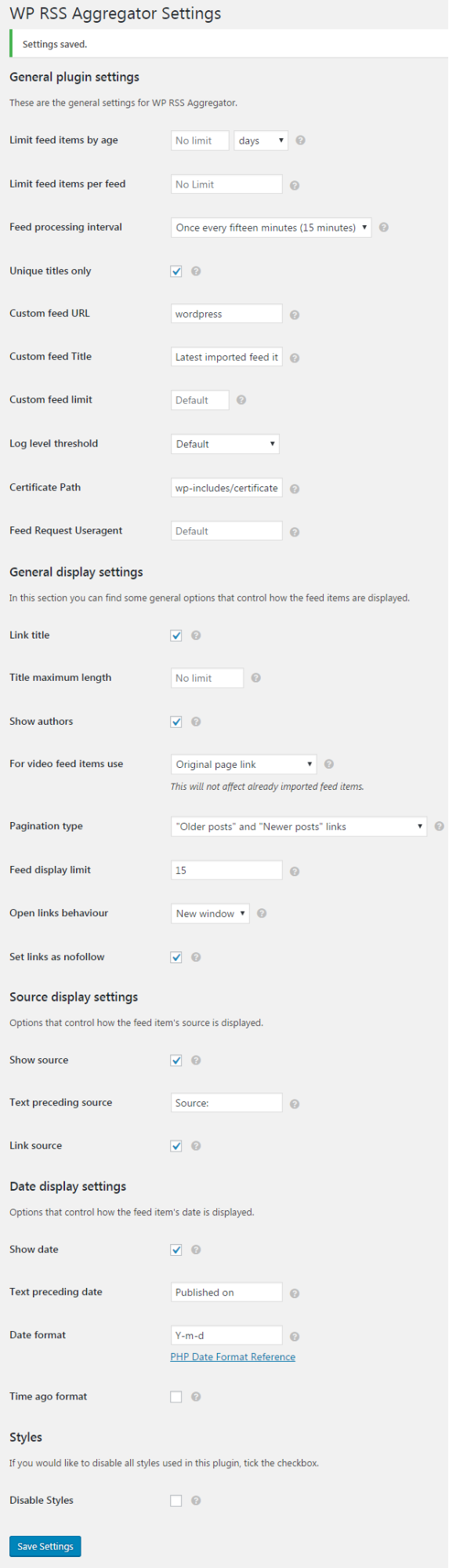 General Settings for WP RSS Aggregator