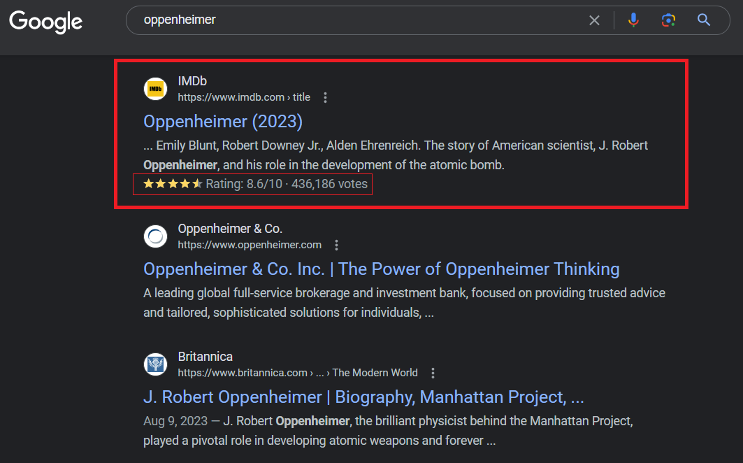 Schema in WordPress example Oppenheimer