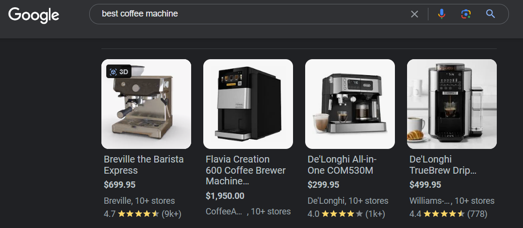 Schema markup example of coffee machines on google