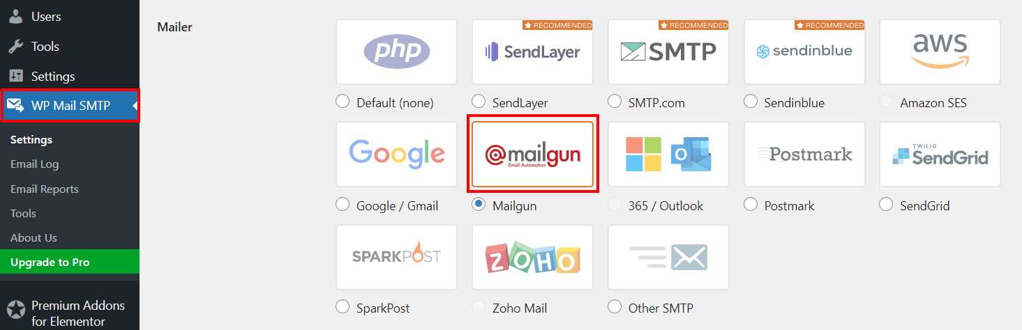 Select MailGun from WP Mail SMTP plugin under Mailer section
