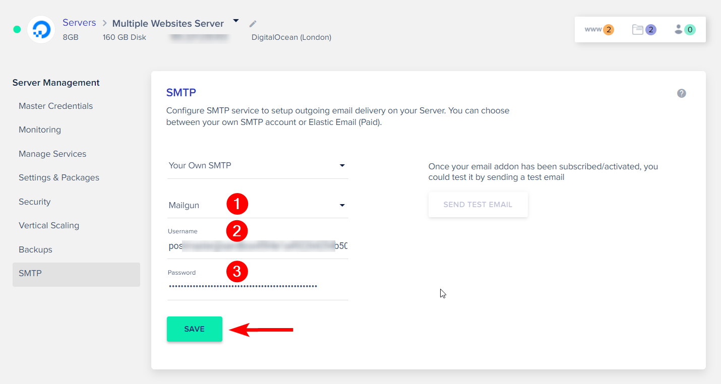 Select Mailgun as SMTP on Cloudways Server