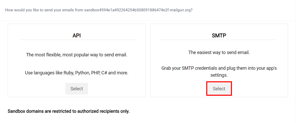 Select SMTP form Mailgun account