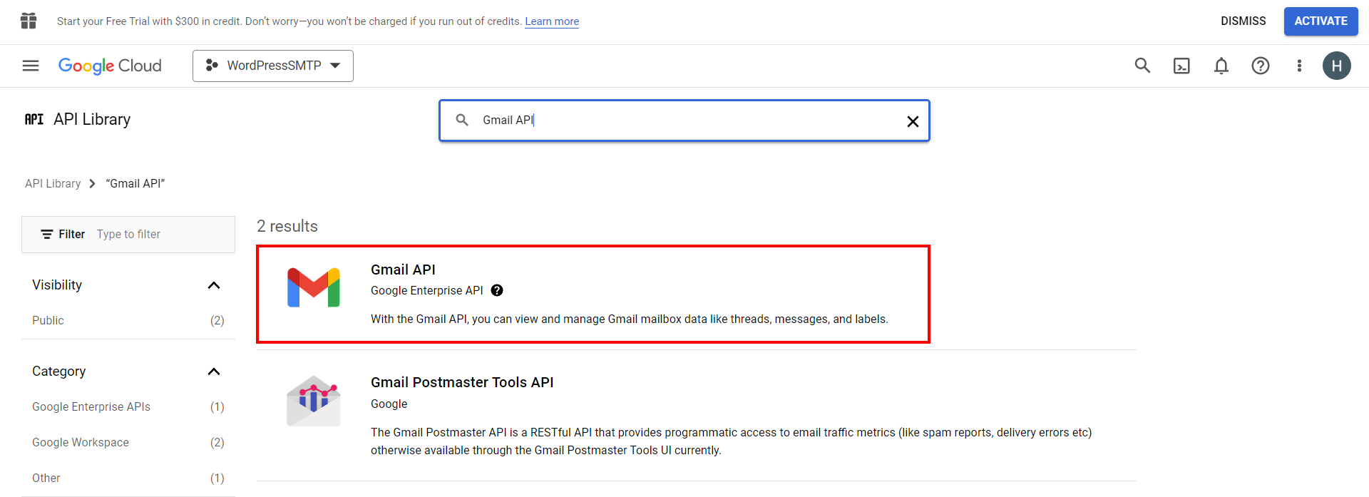 Select the Gmail API