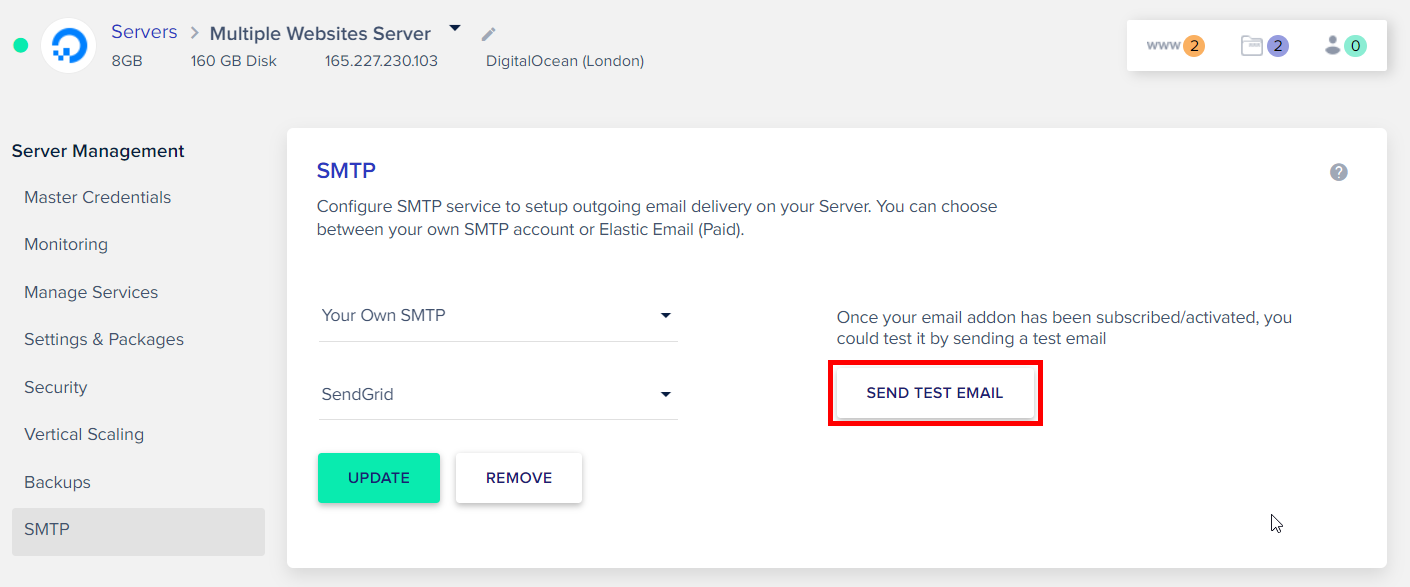 Send test email for SendGrid SMTP