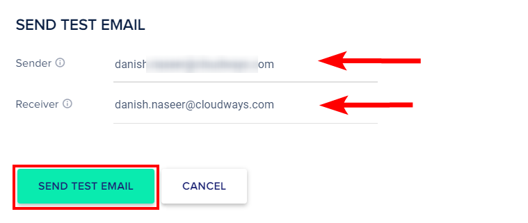 Sender and receiver emails for test email via Mailgun on cloudways