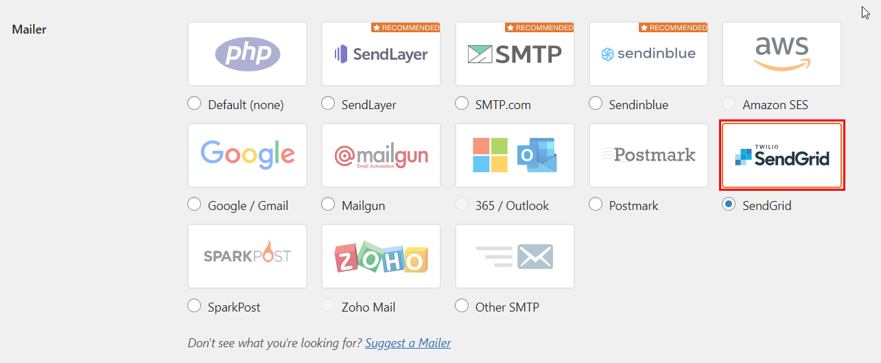 Sengrid option on WP Mail SMTP plugin under Mailer section