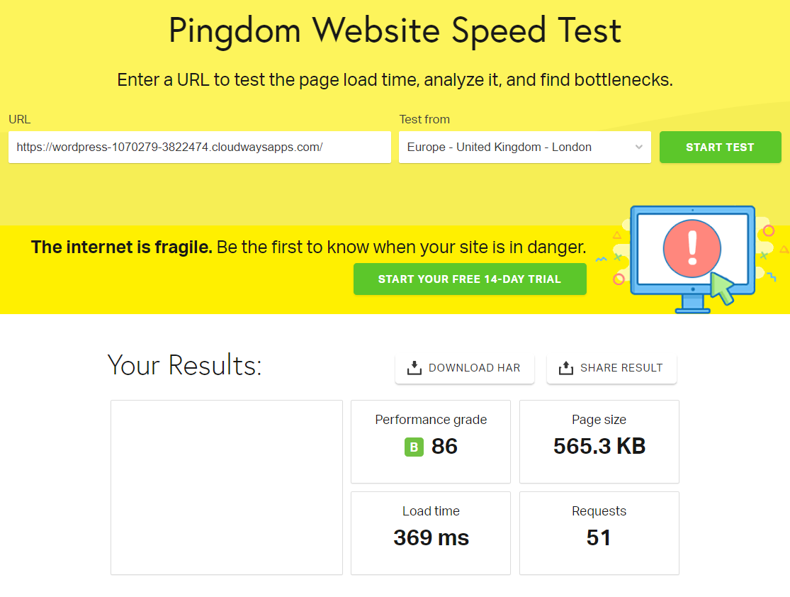 SiteOrigin Page Builder Performance on Pingdom