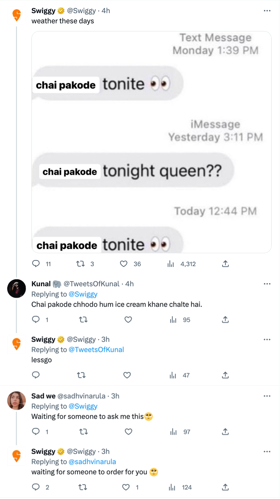 Swiggy India interacting with its customers on Twitter