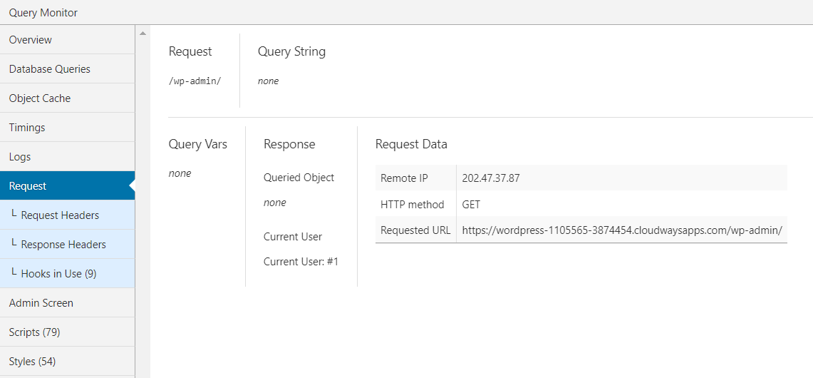 The Request feature shows the query variable for the current user and highlights the custom query